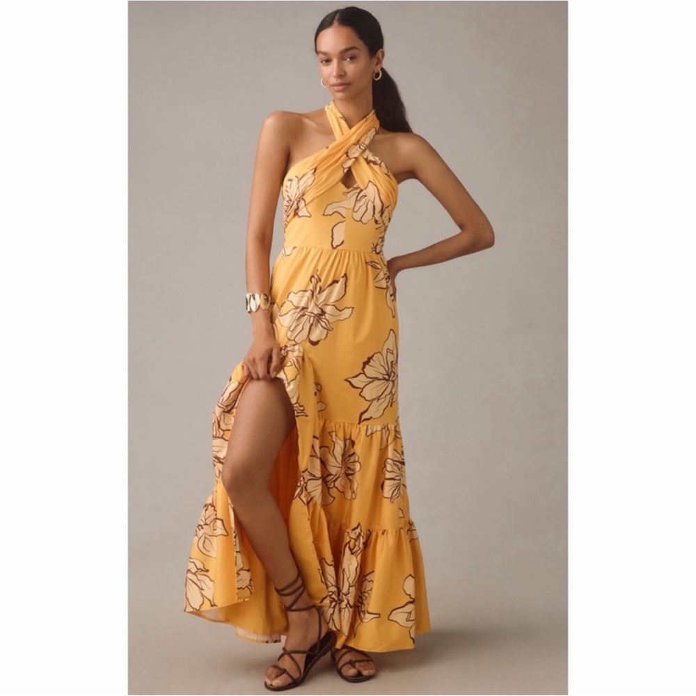 Anthropologie Hutch Maize Yellow Floral Halter Maxi Dress Size 8 NWT - Picture 2 of 5